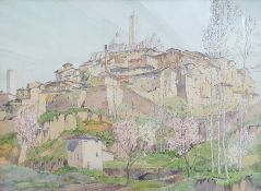 Freda Marston (1895-1949)  Watercolour  Continental hillside town with abbey, signed lower left,