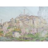 Freda Marston (1895-1949)  Watercolour  Continental hillside town with abbey, signed lower left,