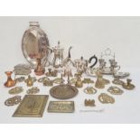 Quantity of silver-plated ware, silver-coloured metal teapot, brass graduated jugs, etc (1 box)