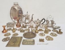 Quantity of silver-plated ware, silver-coloured metal teapot, brass graduated jugs, etc (1 box)