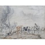 Unattributed (19th century school) Watercolour  Burning village with villagers fleeing across a