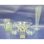 Holmegaard painted decanter, silver mounted cut glass scent bottle and other modern glassware