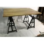 Modern dining table, the rectangular wooden top in a part spalted beech finish, on workbench-style