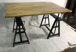 Modern dining table, the rectangular wooden top in a part spalted beech finish, on workbench-style