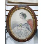 Victorian coloured mezzotint of a seated lady with flowers in her hair and on her dress, oval, in