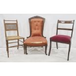 Walnut framed salon chair, a cane seated and backed chair and two Regency style bar back dining