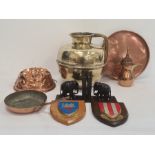 Copper jelly mould, large Eastern brass ewer and other metalware