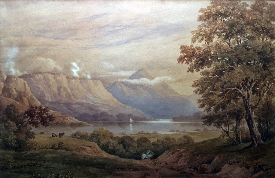 Circle of John Varley Watercolour  Lake scene with figure on horseback, unsigned, 38cm x 43cm T