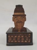 Japanese novelty marquetry cigarette box with comical snap-open mouth, volcano inlaid sides, 11.5 cm