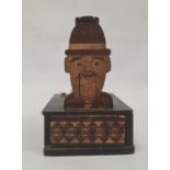 Japanese novelty marquetry cigarette box with comical snap-open mouth, volcano inlaid sides, 11.5 cm