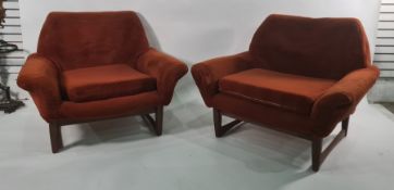 Toothill 1950's/60's Danish style teak framed sofa and two chairs in burnt orange upholstered