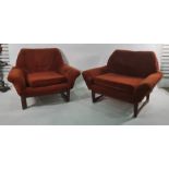 Toothill 1950's/60's Danish style teak framed sofa and two chairs in burnt orange upholstered