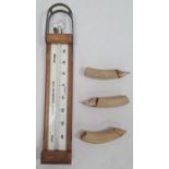 S & A Calderara, London wood and glass thermometer and three wart hog tusks