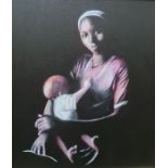 Three modern pictures, including oil of mother and child, and textile picture (3)