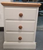 Pair of modern three-drawer bedside tables, the bodies painted white, on plinth bases (2)