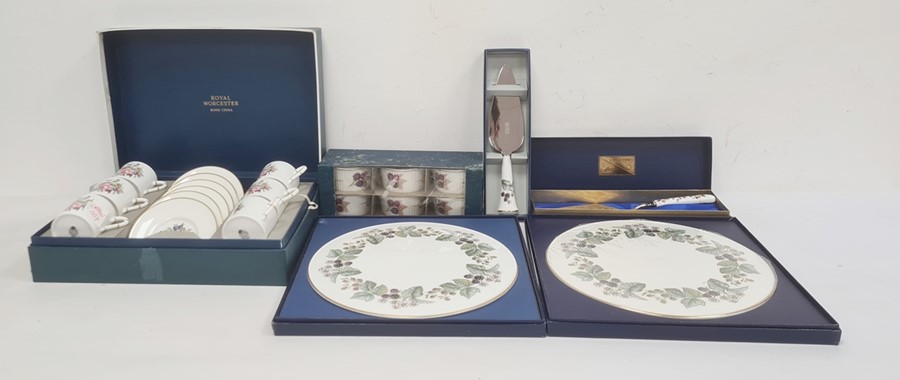 Set of six Royal Worcester coffee cans and saucers (boxed), two Royal Worcester china cake stands (