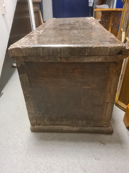 Antique carved oak coffer, the front panel with foliate scroll and all on plinth base, 91cm wide ( - Image 11 of 15