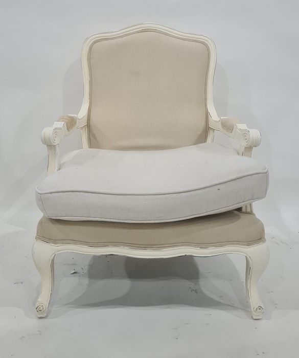 19th century style armchair with white painted frame, cream coloured upholstery, on cabriole legs