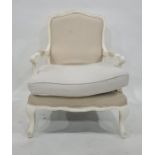 19th century style armchair with white painted frame, cream coloured upholstery, on cabriole legs