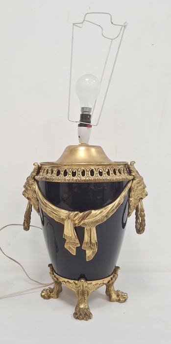 Gilt metal mounted royal blue china table lamp with pierced arched border, pair lion mask and wreath