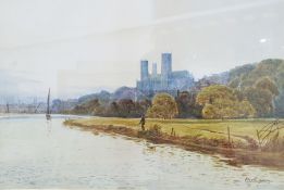 Vernon Allen (19th century school) Watercolours Fishermen with cathedral in background, signed lower