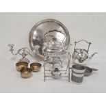 Quantity of plated ware to include circular tray, teapot, candlesticks, etc (1 box)