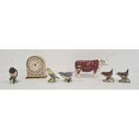Beswick model cow "CH. of Champions", five Beswick model birds and a Wedgwood Cleo pattern clock (