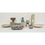 Various pieces 20th century studio pottery to include Frank Fellows candle holder/vase, West