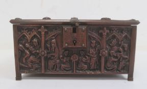 Adolph Frankau & Co gothic-style metal trinket box with panels of medieval figures, in the form of a