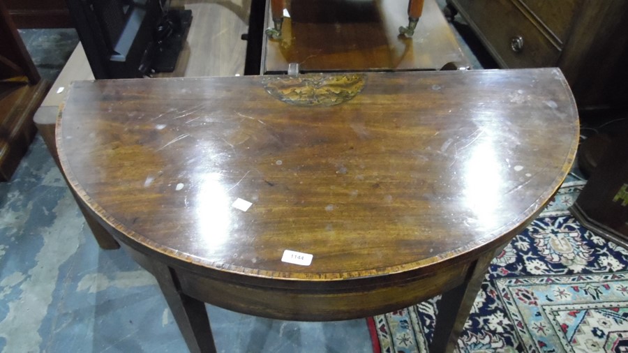 19th century mahogany demi-lune card table, the top with decorative inlay, on square section - Image 5 of 7