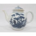 18th century Liverpool porcelain teapot and cover, globular, printed in underglaze blue with