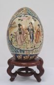 Japanese ceramic egg-pattern centrepiece, ovoid and decorated with panels of figures on a brocade