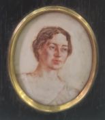 Early 20th century  Watercolour miniature on ivory Head and shoulders portrait of a young lady in