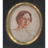 Early 20th century  Watercolour miniature on ivory Head and shoulders portrait of a young lady in