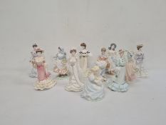 Three Royal Worcester figures "The Milkmaid", "A Farmer's wife" and "Rosie picking apples" and eight