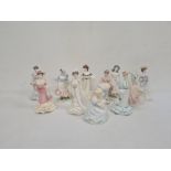 Three Royal Worcester figures "The Milkmaid", "A Farmer's wife" and "Rosie picking apples" and eight
