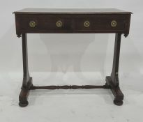 20th century side table, the rectangular top with moulded edge above two drawers, end pillar