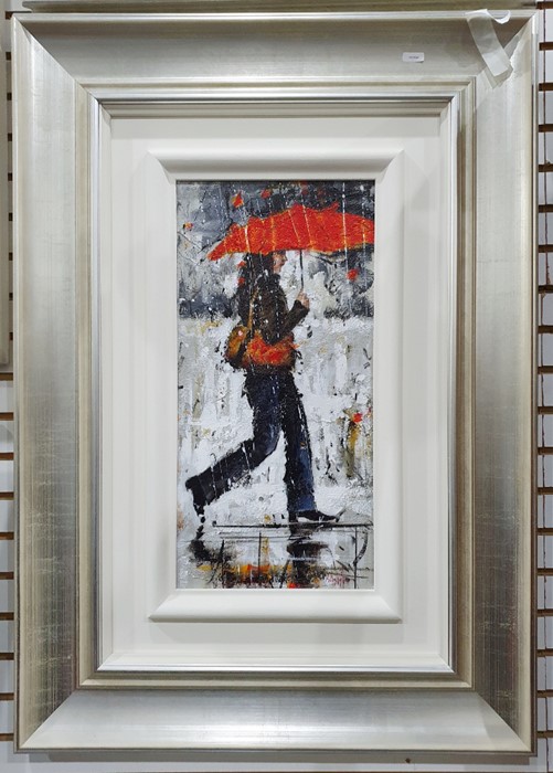 (Ruby Keller )  - Peter Worswick ( b 1961 - ) Pair oils on board Female figures in the rain, both - Image 4 of 4