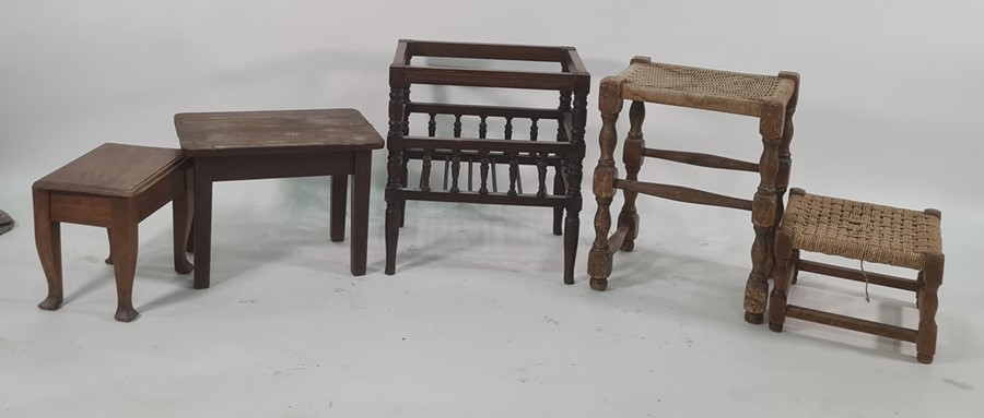 Two string-seated stools, a piano stool base and two further low stools (5)
