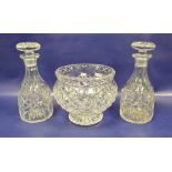 Large cut glass pedestal bowl with raised lozenge decoration, quantity various cut stemmed wines,