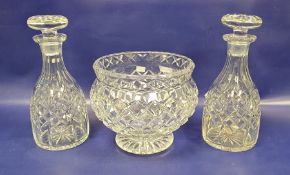 Large cut glass pedestal bowl with raised lozenge decoration, quantity various cut stemmed wines,