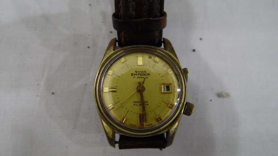 Swiss Emperor 17-Jewels Incabloc alarm watch with baton numerals to the gold coloured dial, - Image 4 of 14