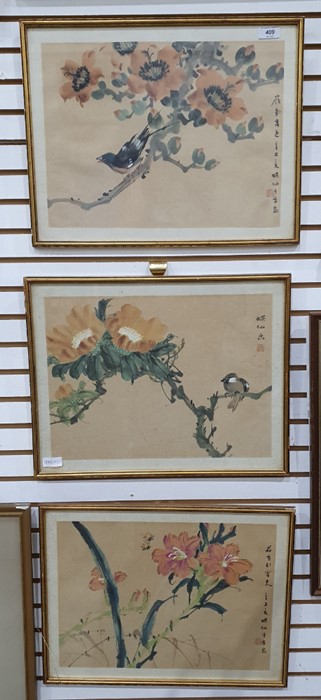 Three Chinese watercolour studies of birds and insects amongst blossom, with inscriptions to the - Image 4 of 4