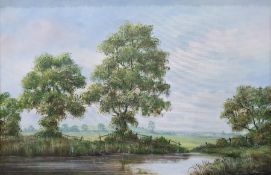 Quantity of pictures and prints to include 20th century oil on canvas, river scene (9)
