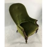 Early Victorian armchair with green upholstered seat and back, carved exposed arms and cabriole legs