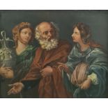 Continental school Oil on board Elderly man with two maidens, one holding urn, unsigned, inscribed