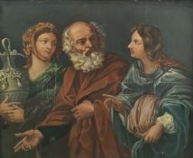 Continental school Oil on board Elderly man with two maidens, one holding urn, unsigned, inscribed