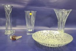 Modern Waterford glass vase with everted rim, incised spiral decoration, 30cm high, two other modern