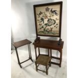 19th century silkwork and mahogany-framed firescreen, a string-topped stool, a side table and a