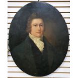 19th century school Oil on board Head and shoulders portrait of a young gentleman  Oval panel